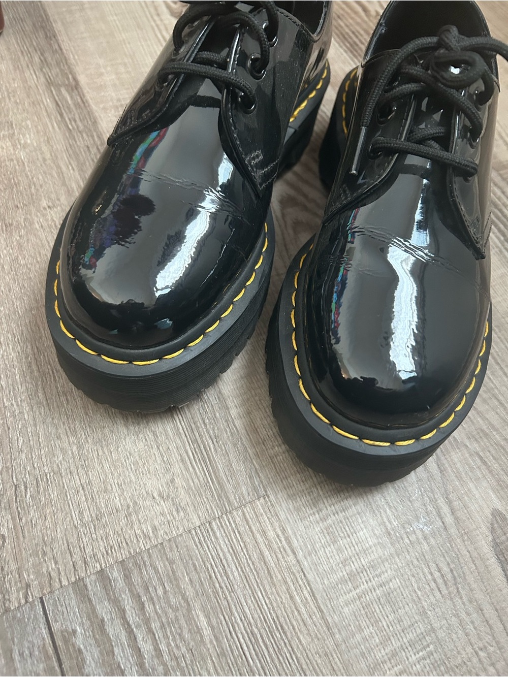 Dr. Martens Black Patent 3-Eye Oxblood-Style Lug Shoe with Yellow Stitching - Picture 4 of 5